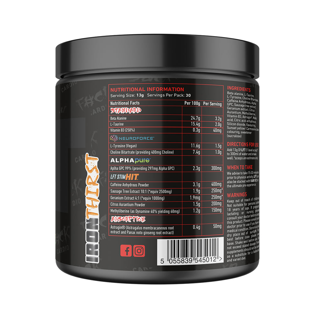 Back of TWP High Stim Strong Pre-Workout Iron Thirst 390g tub displaying supplement facts, high-stimulant ingredients, and usage instructions, available at Goodsnet New Zealand.
