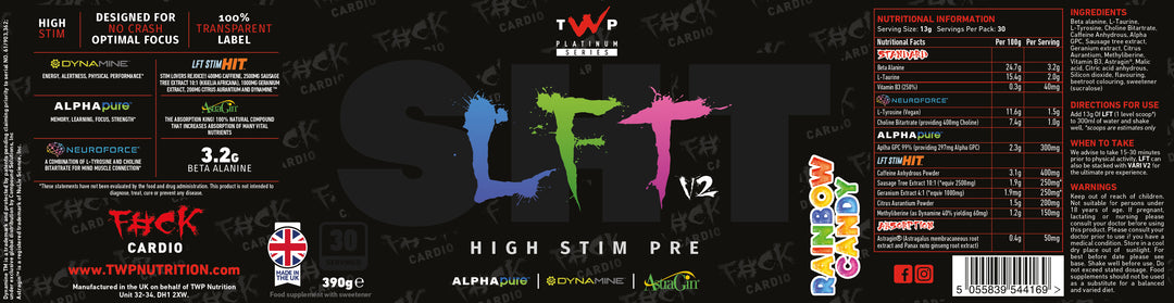 Complete wraparound label of TWP High Stim Strong Pre-Workout Rainbow 390g tub, displaying front branding, side panels, supplement facts, and usage instructions, available at Goodsnet New Zealand.