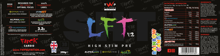 Complete wraparound label of TWP High Stim Strong Pre-Workout Rainbow 390g tub, displaying front branding, side panels, supplement facts, and usage instructions, available at Goodsnet New Zealand.