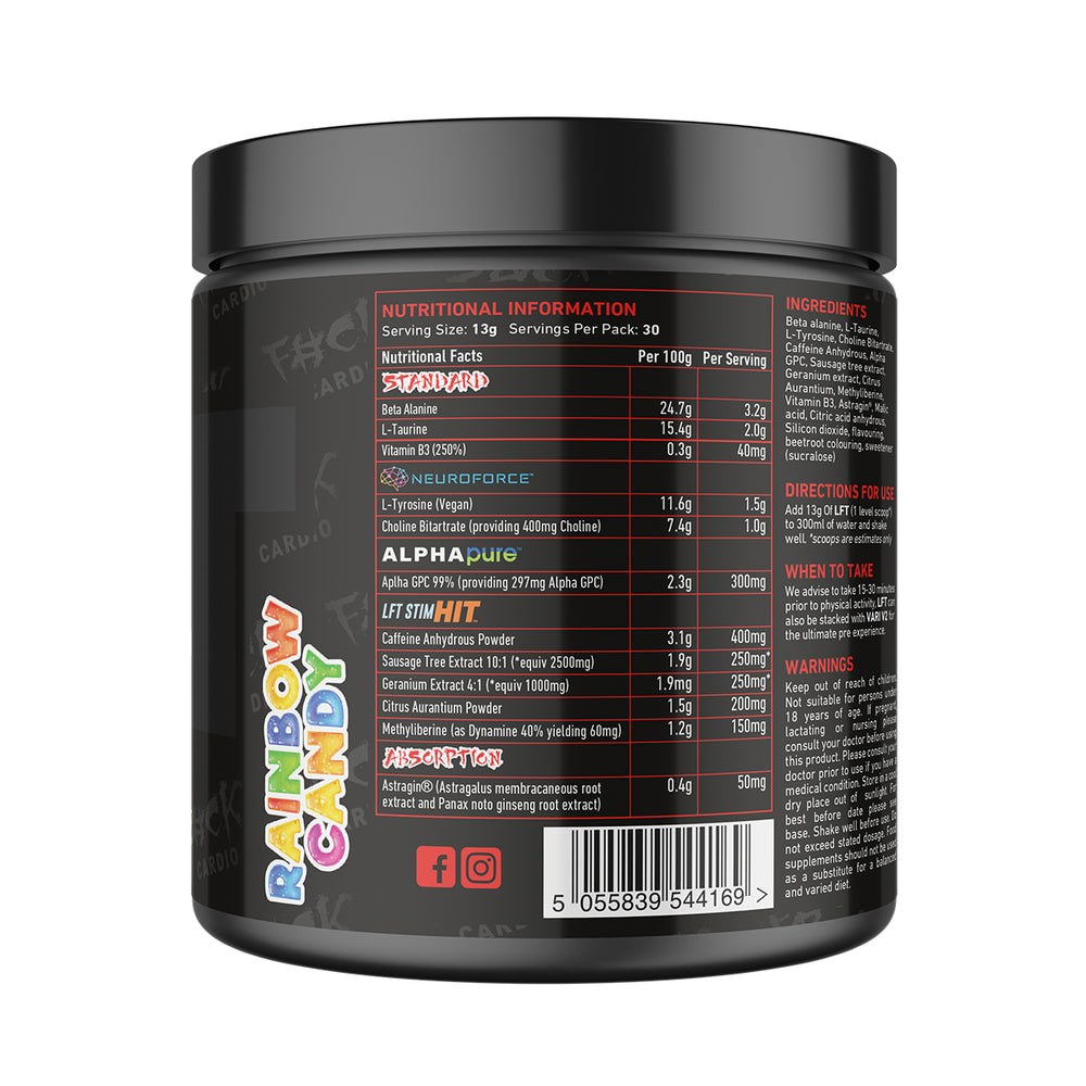 Back of TWP High Stim Strong Pre-Workout Rainbow 390g tub displaying supplement facts, high-stimulant ingredients, and usage instructions, available at Goodsnet New Zealand.