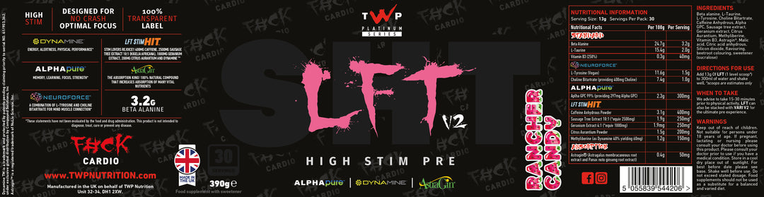 Complete wraparound label of TWP High Stim Strong Pre-Workout Rancher Candy 390g tub, displaying front branding, side panels, supplement facts, and usage instructions, available at Goodsnet New Zealand.