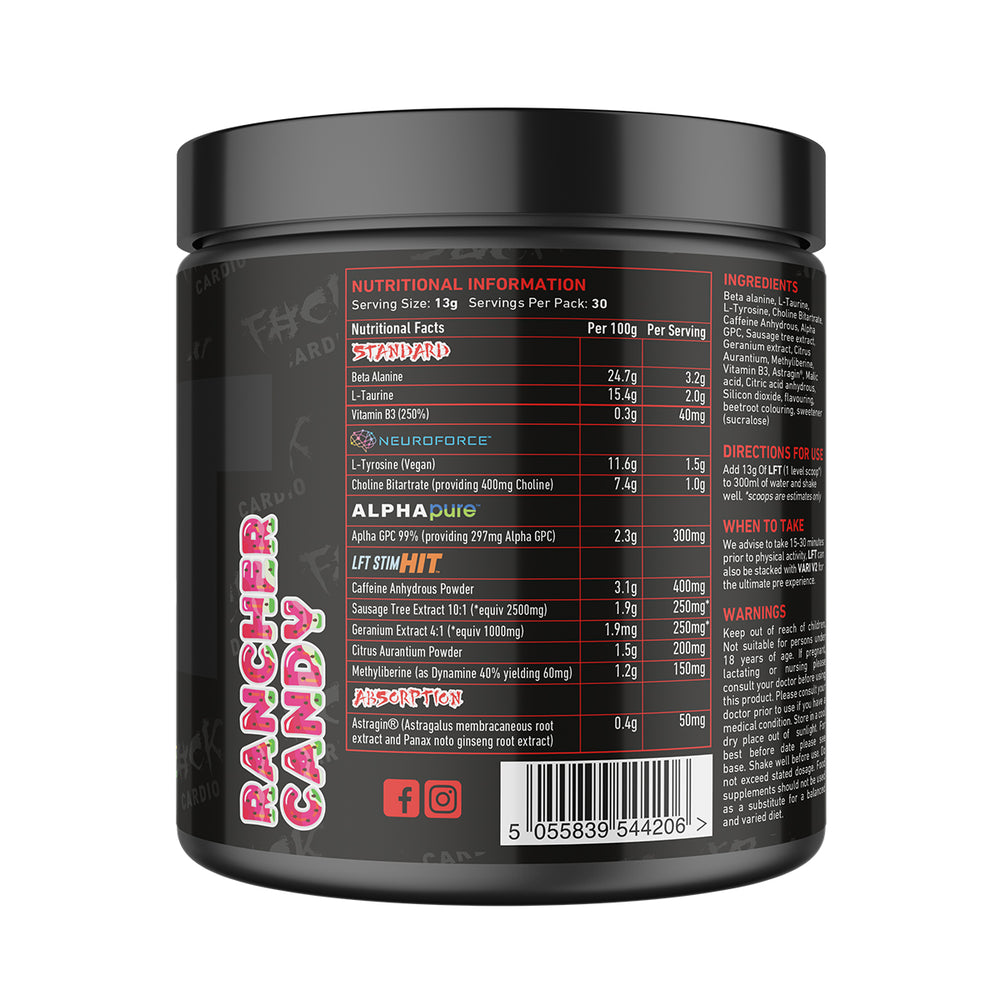 Back of TWP High Stim Strong Pre-Workout Rancher Candy 390g tub displaying supplement facts, high-stimulant ingredients, and usage instructions, available at Goodsnet New Zealand.