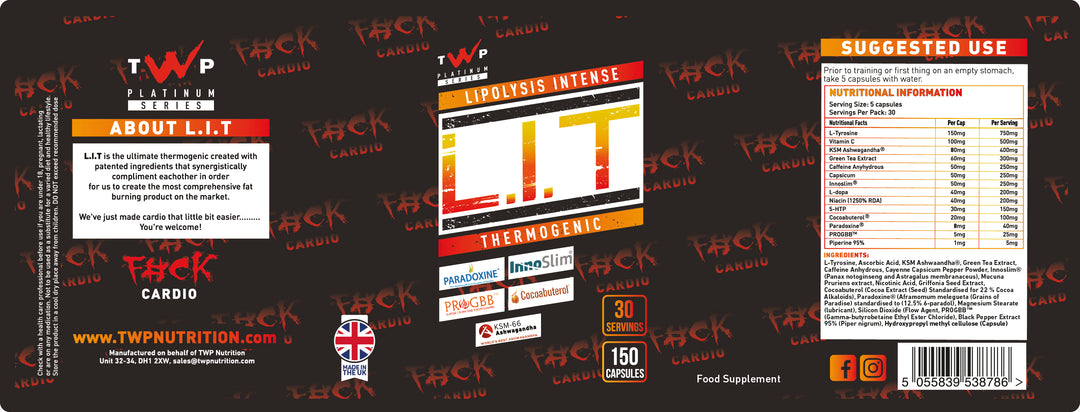 “Complete wraparound label of TWP L.I.T. pre-workout supplement tub, displaying front branding, side panels, ingredients list, and usage instructions, available at Goodsnet New Zealand.”