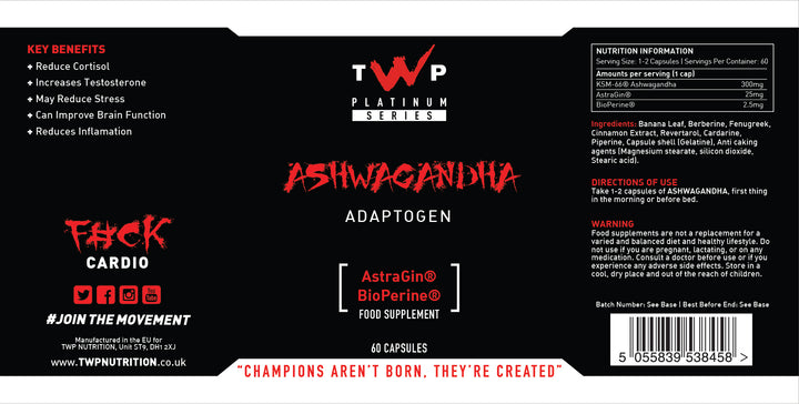 “Complete wraparound label of TWP Ashwagandha supplement tub, displaying front branding, side panels, supplement facts, and usage instructions, available at Goodsnet New Zealand.”