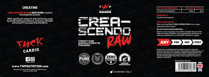 “Complete wraparound label of TWP CREA-SCENDO RAW (500g) pure creatine supplement tub, displaying front branding, side panels, supplement facts, and usage directions, available at Goodsnet New Zealand.”