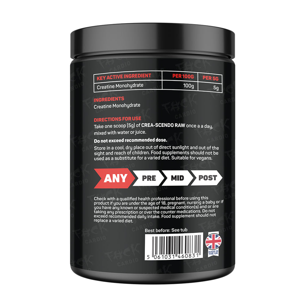 “Back of TWP CREA-SCENDO RAW (500g) tub displaying supplement facts, ingredient details, and usage instructions, available at Goodsnet New Zealand.”