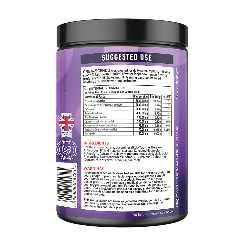 “Back of TWP CREA-SCENDO Beena Berry tub displaying supplement facts, ingredient list, and usage instructions, available at Goodsnet New Zealand.”