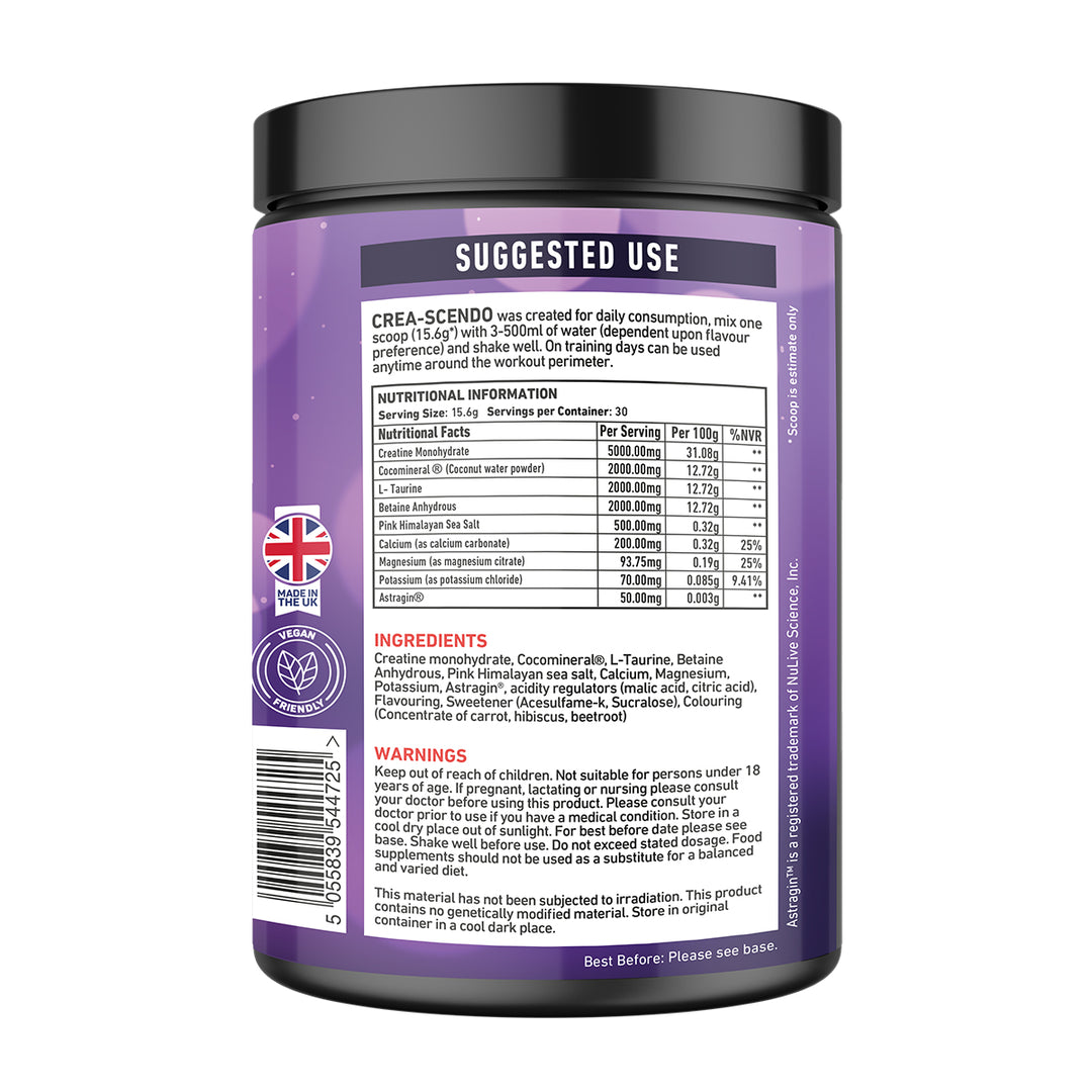 “Back of TWP CREA-SCENDO Beena Berry tub displaying supplement facts, ingredient list, and usage instructions, available at Goodsnet New Zealand.”