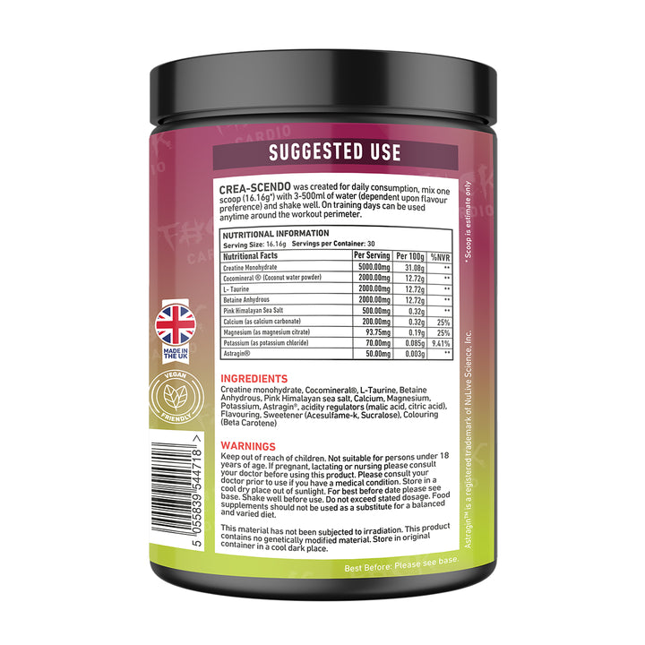 “Back of TWP CREA-SCENDO Cherry Lime tub displaying supplement facts, ingredient list, and usage instructions, available at Goodsnet New Zealand.”