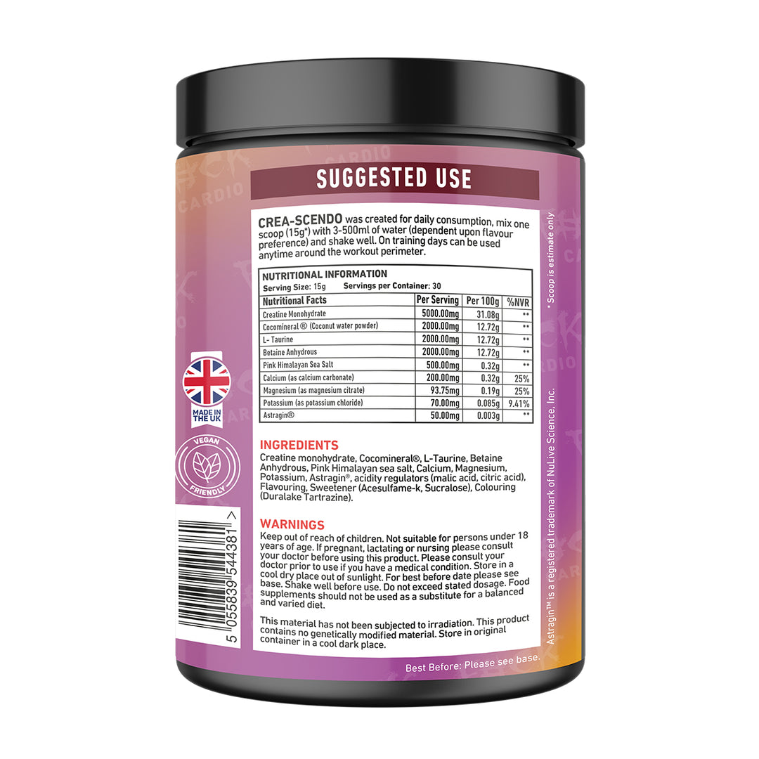 “Back of TWP CREA-SCENDO Mango Passionfruit tub displaying supplement facts, ingredient list, and usage instructions, available at Goodsnet New Zealand.”
