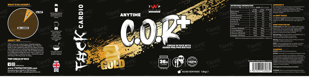 “Complete wraparound label of TWP C.O.R+ Gold cream of rice tub, displaying front branding, side panels, nutrition facts, and usage instructions, available at Goodsnet New Zealand.”
