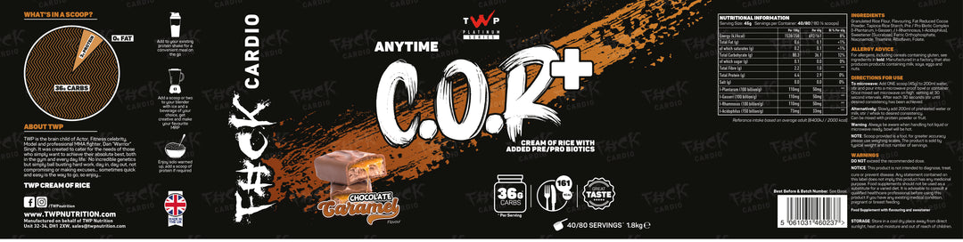 “Complete wraparound label of TWP C.O.R+ Choc Caramel cream of rice tub, displaying front branding, side panels, nutrition facts, and usage instructions, available at Goodsnet New Zealand.”