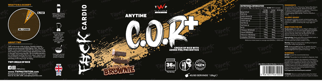 “Complete wraparound label of TWP C.O.R+ Cookie Dough Brownie cream of rice tub, displaying front branding, side panels, nutrition facts, and usage instructions, available at Goodsnet New Zealand.”
