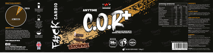 “Complete wraparound label of TWP C.O.R+ Cookie Dough Brownie cream of rice tub, displaying front branding, side panels, nutrition facts, and usage instructions, available at Goodsnet New Zealand.”