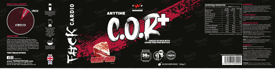 “Complete wraparound label of TWP C.O.R+ Red Velvet Cake cream of rice tub, displaying front branding, side panels, nutrition facts, and usage instructions, available at Goodsnet New Zealand.”