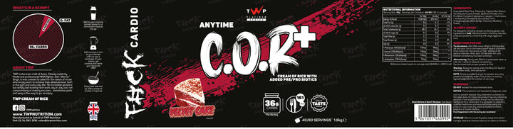 “Complete wraparound label of TWP C.O.R+ Red Velvet Cake cream of rice tub, displaying front branding, side panels, nutrition facts, and usage instructions, available at Goodsnet New Zealand.”