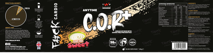 “Complete wraparound label of TWP C.O.R+ Sugar Sweet cream of rice tub, displaying front branding, side panels, nutrition facts, and usage instructions, available at Goodsnet New Zealand.”