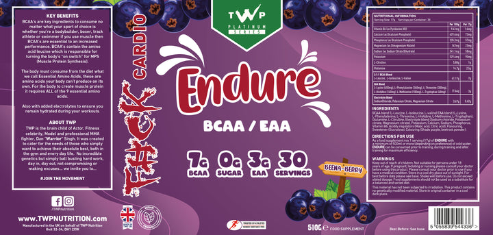 Complete wraparound label of TWP ENDURE BCAA + EAA Beena Berry 510g supplement tub, displaying front branding, side panels, amino acid profile, and usage instructions, available at Goodsnet New Zealand.