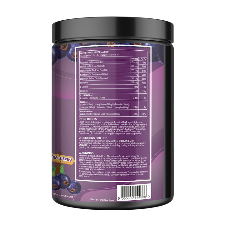 Back of TWP ENDURE BCAA + EAA Beena Berry 510g tub displaying supplement facts, amino acid profile, and usage instructions, available at Goodsnet New Zealand.
