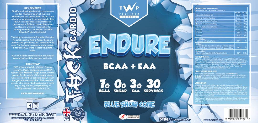 Complete wraparound label of TWP ENDURE BCAA + EAA Blue Snow Cone 510g supplement tub, displaying front branding, side panels, amino acid profile, and usage instructions, available at Goodsnet New Zealand.