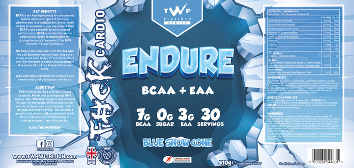 Complete wraparound label of TWP ENDURE BCAA + EAA Blue Snow Cone 510g supplement tub, displaying front branding, side panels, amino acid profile, and usage instructions, available at Goodsnet New Zealand.