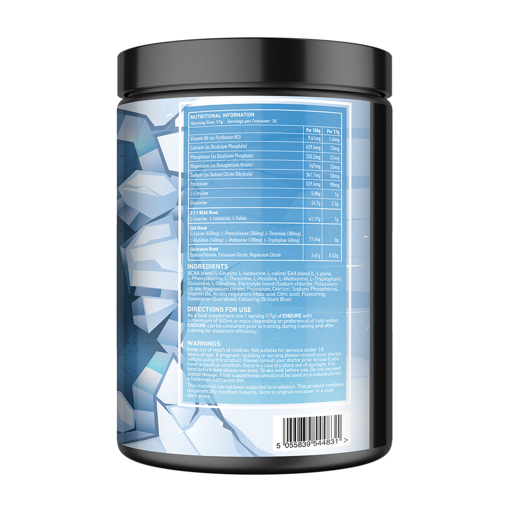 Back of TWP ENDURE BCAA + EAA Blue Snow Cone 510g tub displaying supplement facts, amino acid profile, and usage instructions, available at Goodsnet New Zealand.