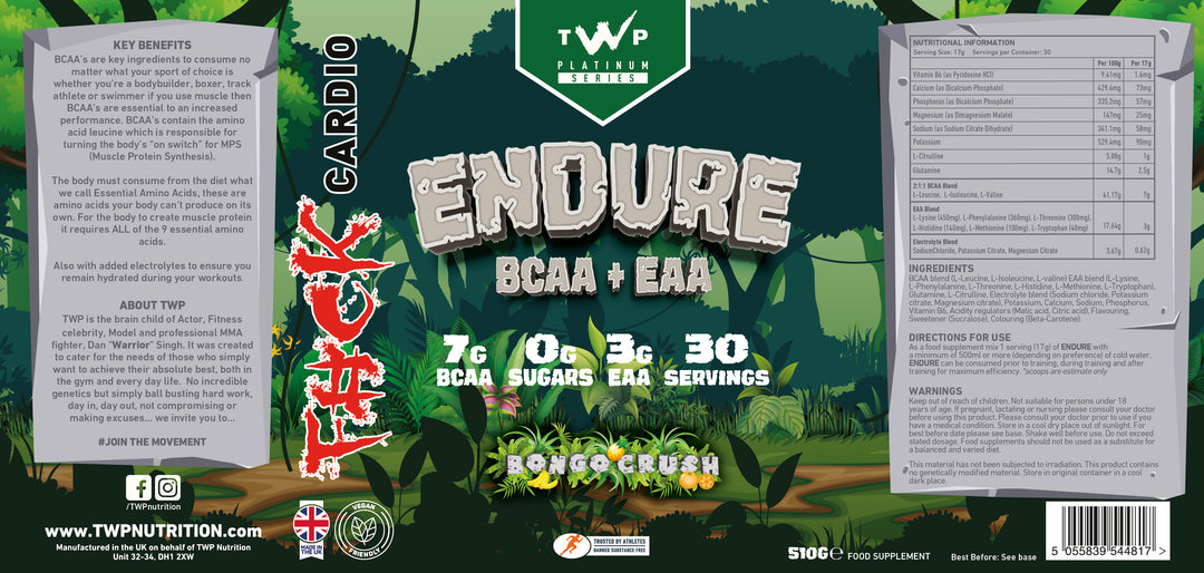 Complete wraparound label of TWP ENDURE BCAA + EAA Bongo Crush 510g supplement tub, displaying front branding, side panels, amino acid profile, and usage instructions, available at Goodsnet New Zealand