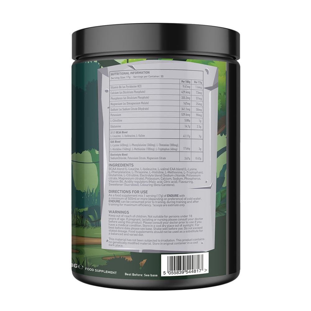 Back of TWP ENDURE BCAA + EAA Bongo Crush 510g tub displaying supplement facts, amino acid profile, and usage instructions, available at Goodsnet New Zealand.