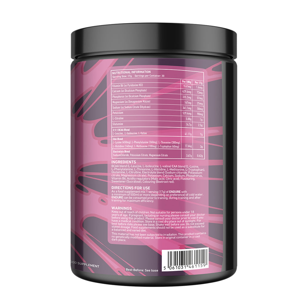 “Back of TWP ENDURE BCAA + EAA Bubblegum Grape 510g tub displaying supplement facts, amino acid profile, and usage instructions, available at Goodsnet New Zealand.”