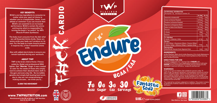 Complete wraparound label of TWP ENDURE BCAA + EAA Fantastic Soda 510g supplement tub, displaying front branding, side panels, amino acid profile, and usage instructions, available at Goodsnet New Zealand.