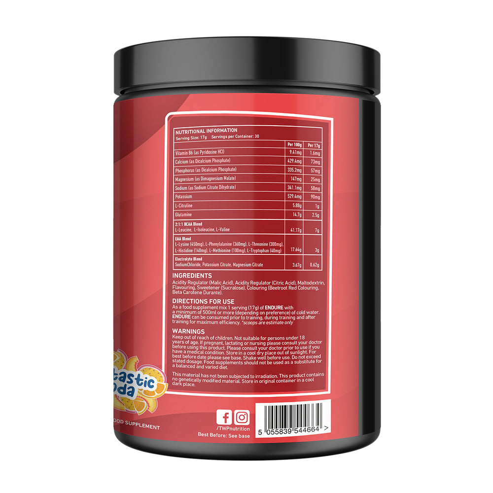 Back of TWP ENDURE BCAA + EAA Fantastic Soda 510g tub displaying supplement facts, amino acid profile, and usage instructions, available at Goodsnet New Zealand.