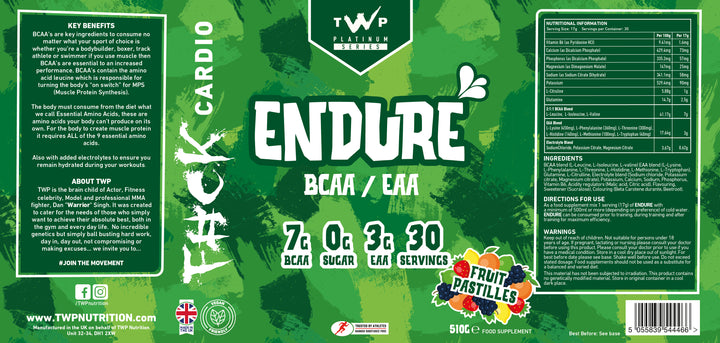 Complete wraparound label of TWP ENDURE BCAA + EAA Fruit Pastilles 510g supplement tub, displaying front branding, side panels, amino acid profile, and usage instructions, available at Goodsnet New Zealand.