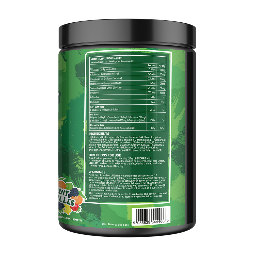 Back of TWP ENDURE BCAA + EAA Fruit Pastilles 510g tub displaying supplement facts, amino acid profile, and usage instructions, available at Goodsnet New Zealand.