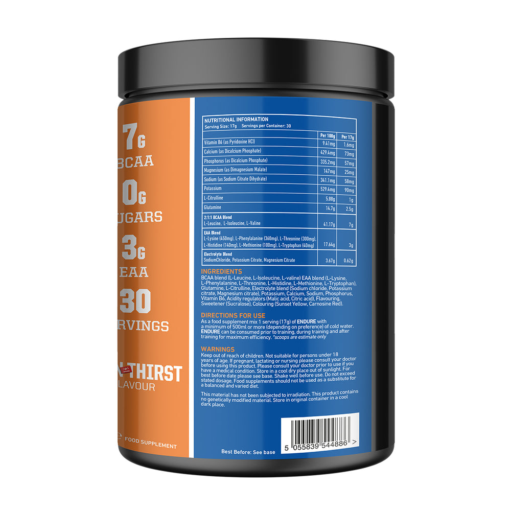 Back of TWP ENDURE BCAA + EAA Iron Thirst 510g tub displaying supplement facts, amino acid profile, and usage instructions, available at Goodsnet New Zealand.