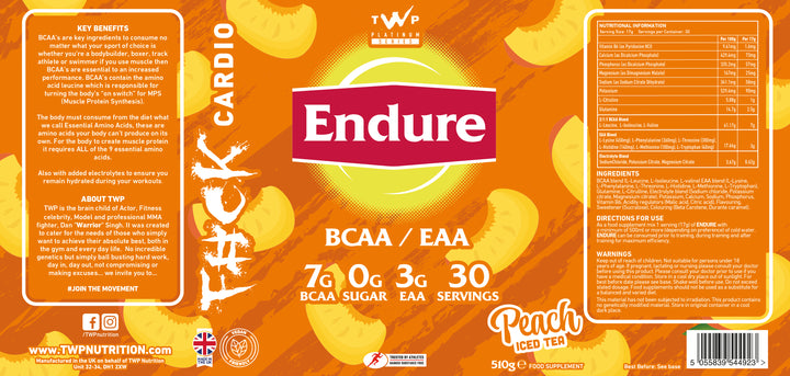 Complete wraparound label of TWP ENDURE BCAA + EAA Peach Iced Tea 510g supplement tub, displaying front branding, side panels, amino acid profile, and usage instructions, available at Goodsnet New Zealand.