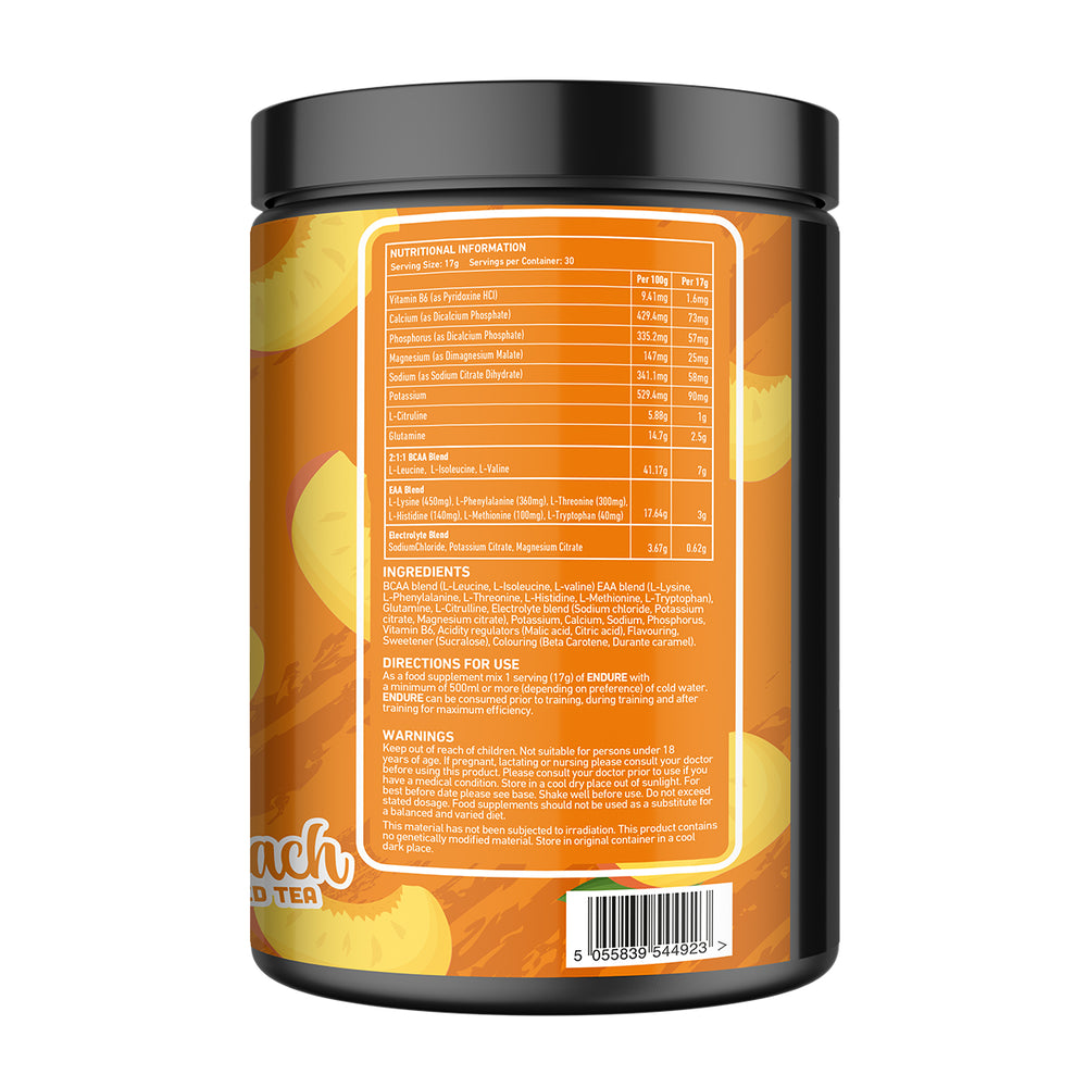Back of TWP ENDURE BCAA + EAA Peach Iced Tea 510g tub displaying supplement facts, amino acid profile, and usage instructions, available at Goodsnet New Zealand