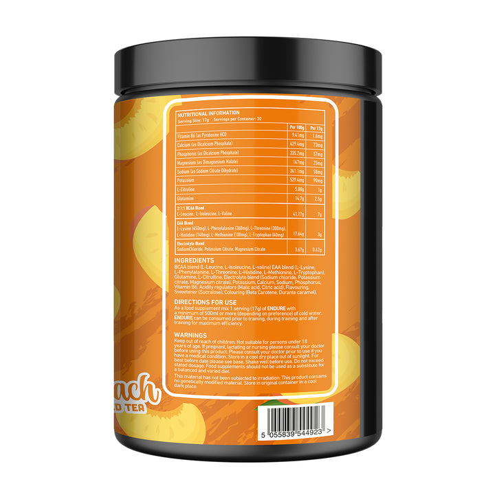 Back of TWP ENDURE BCAA + EAA Peach Iced Tea 510g tub displaying supplement facts, amino acid profile, and usage instructions, available at Goodsnet New Zealand