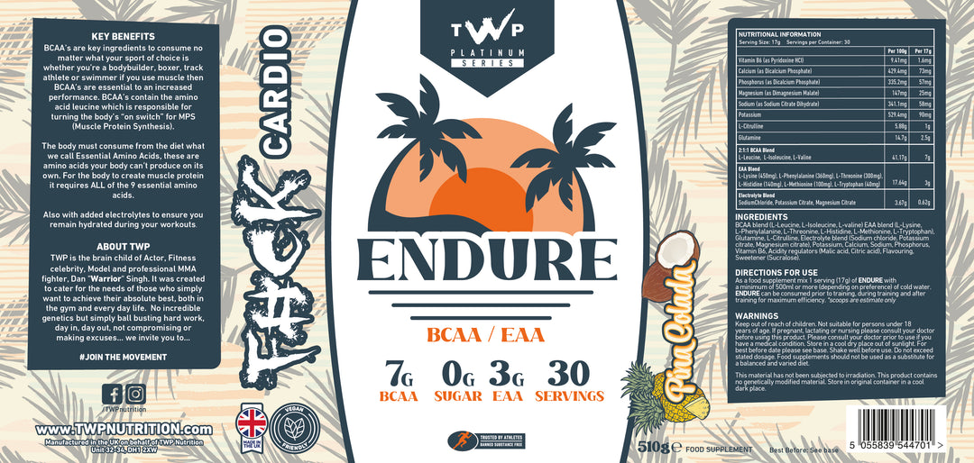 Complete wraparound label of TWP ENDURE BCAA + EAA Pina Colada 510g supplement tub, displaying front branding, side panels, amino acid profile, and usage instructions, available at Goodsnet New Zealand.