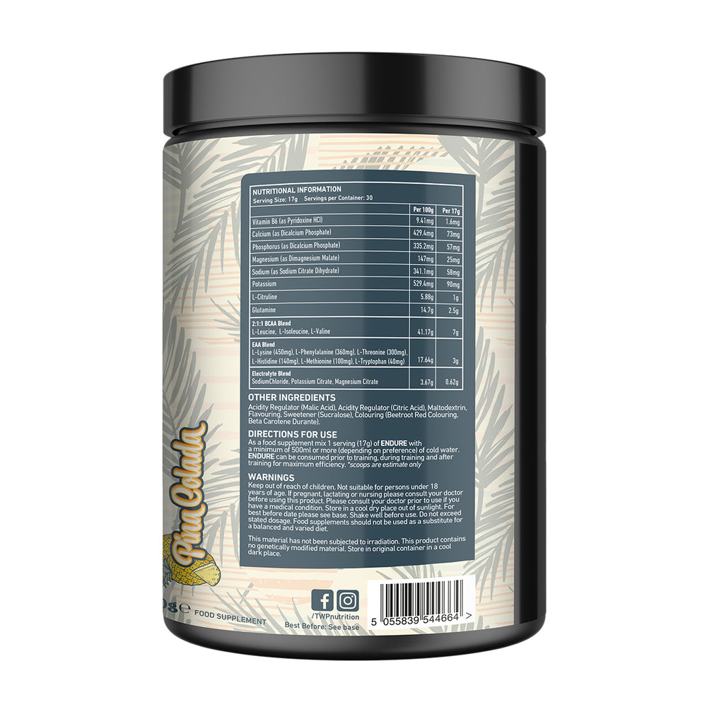 Back of TWP ENDURE BCAA + EAA Pina Colada 510g tub displaying supplement facts, amino acid profile, and usage instructions, available at Goodsnet New Zealand.