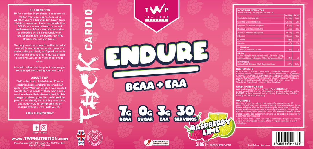 Complete wraparound label of TWP ENDURE BCAA + EAA Raspberry Lime 510g supplement tub, displaying front branding, side panels, amino acid profile, and usage instructions, available at Goodsnet New Zealand.