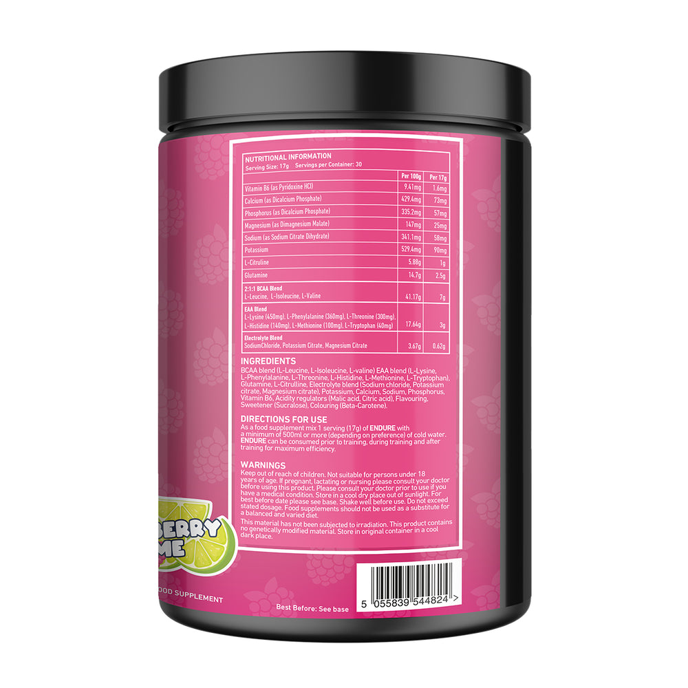 “Back of TWP ENDURE BCAA + EAA Raspberry Lime 510g tub displaying supplement facts, amino acid profile, and usage instructions, available at Goodsnet New Zealand.