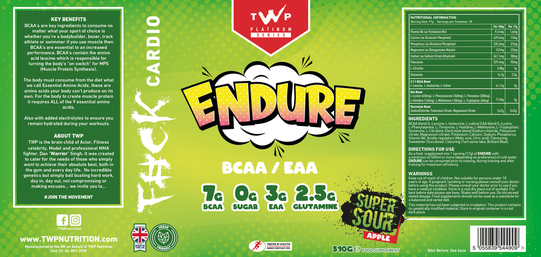 Complete wraparound label of TWP ENDURE BCAA + EAA Sour Apple 510g supplement tub, displaying front branding, side panels, amino acid profile, and usage instructions, available at Goodsnet New Zealand.