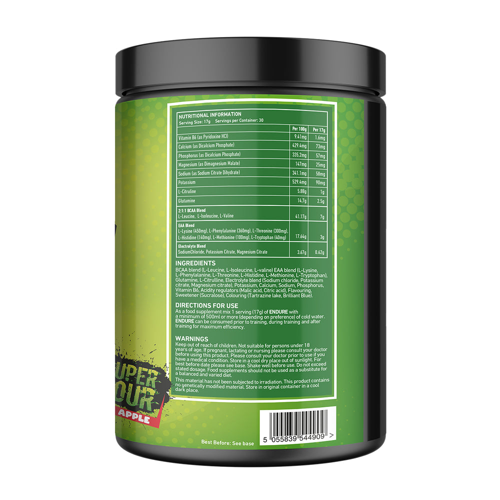 Back of TWP ENDURE BCAA + EAA Sour Apple 510g tub displaying supplement facts, amino acid profile, and usage instructions, available at Goodsnet New Zealand.