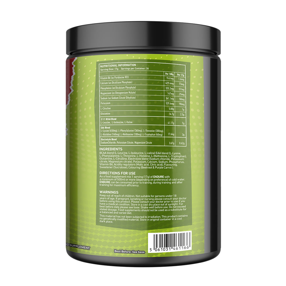 “Back of TWP ENDURE BCAA + EAA Sour Cherry Limeade 510g tub displaying supplement facts, amino acid profile, and usage instructions, available at Goodsnet New Zealand.”