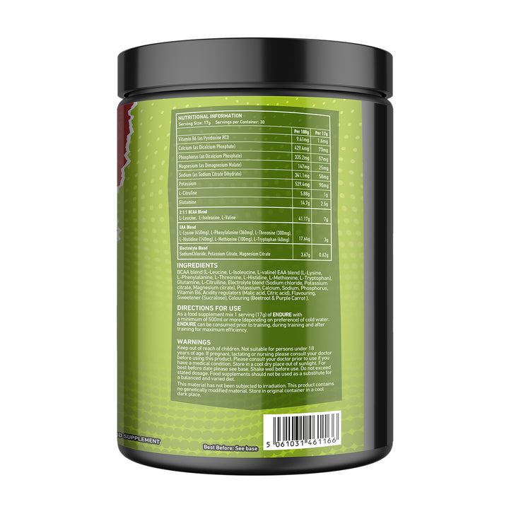 “Back of TWP ENDURE BCAA + EAA Sour Cherry Limeade 510g tub displaying supplement facts, amino acid profile, and usage instructions, available at Goodsnet New Zealand.”