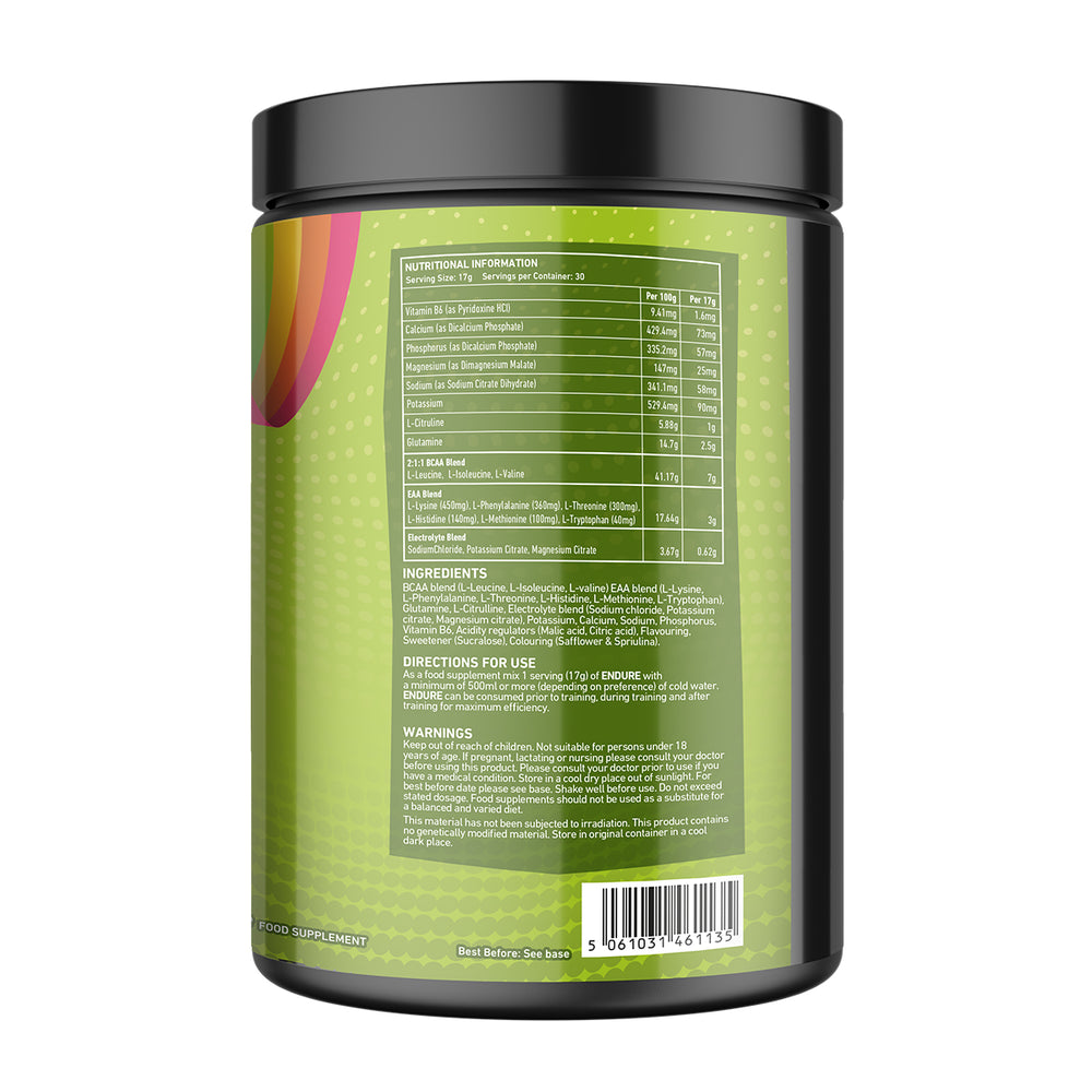 “Back of TWP ENDURE BCAA + EAA Sour Candies 510g tub displaying supplement facts, amino acid profile, and usage instructions, available at Goodsnet New Zealand.”