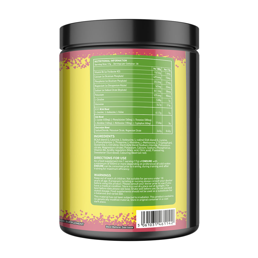 “Back of TWP ENDURE BCAA + EAA Sour Watermelon 510g tub displaying supplement facts, amino acid profile, and usage instructions, available at Goodsnet New Zealand.”
