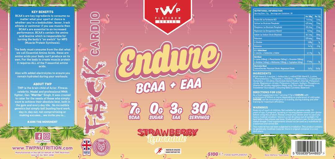 Complete wraparound label of TWP ENDURE BCAA + EAA Strawberry Lemonade 510g supplement tub, displaying front branding, side panels, amino acid profile, and usage instructions, available at Goodsnet New Zealand.