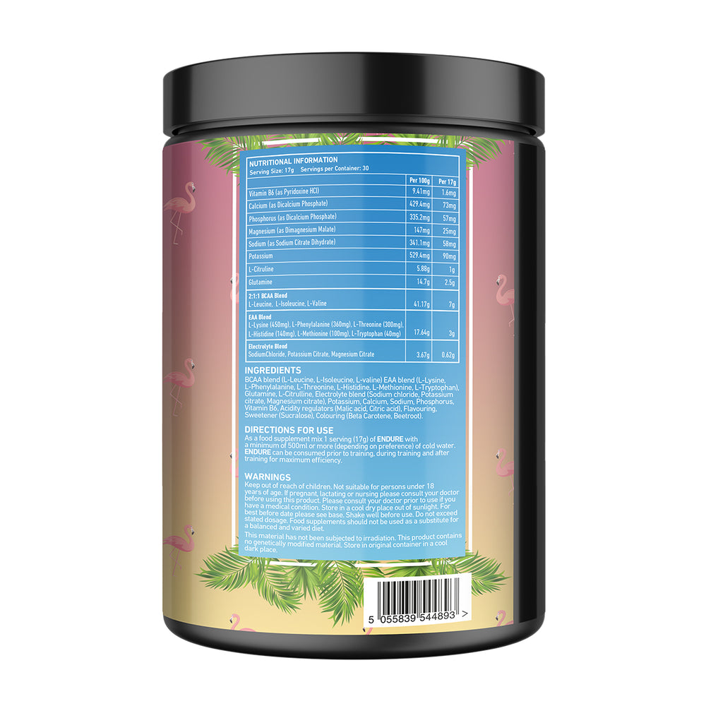 Back of TWP ENDURE BCAA + EAA Strawberry Lemonade 510g tub displaying supplement facts, amino acid profile, and usage instructions, available at Goodsnet New Zealand.