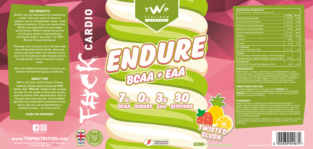 Complete wraparound label of TWP ENDURE BCAA + EAA Twisted Slush 510g supplement tub, displaying front branding, side panels, amino acid profile, and usage instructions, available at Goodsnet New Zealand.
